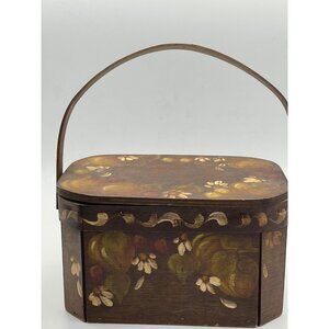 Vintage 1960s Wood Sewing Box Purse Hand Painted Floral Fruit 8x5x6 Granny Core